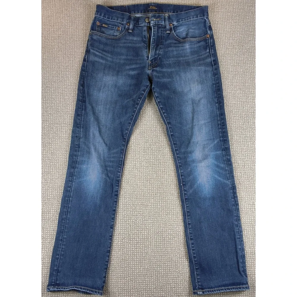 Polo Ralph Lauren Varick Slim Straight Jeans Men Blue Distressed Faded Wash